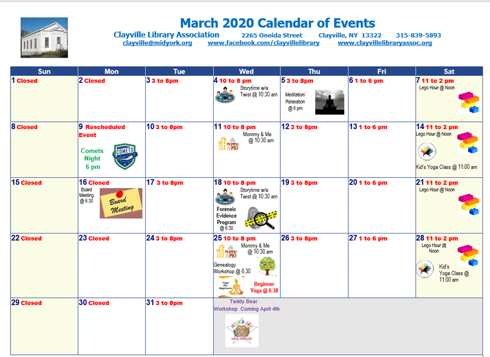 Calendar Clayville Library Association