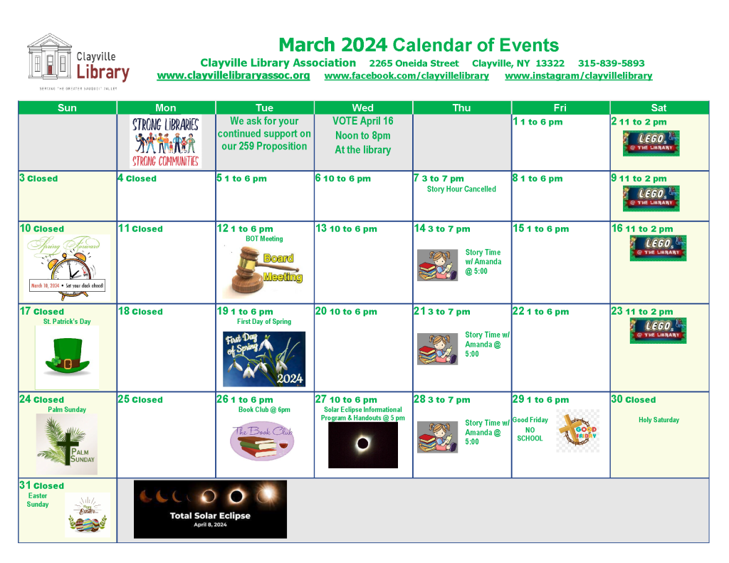 Calendar Clayville Library Association